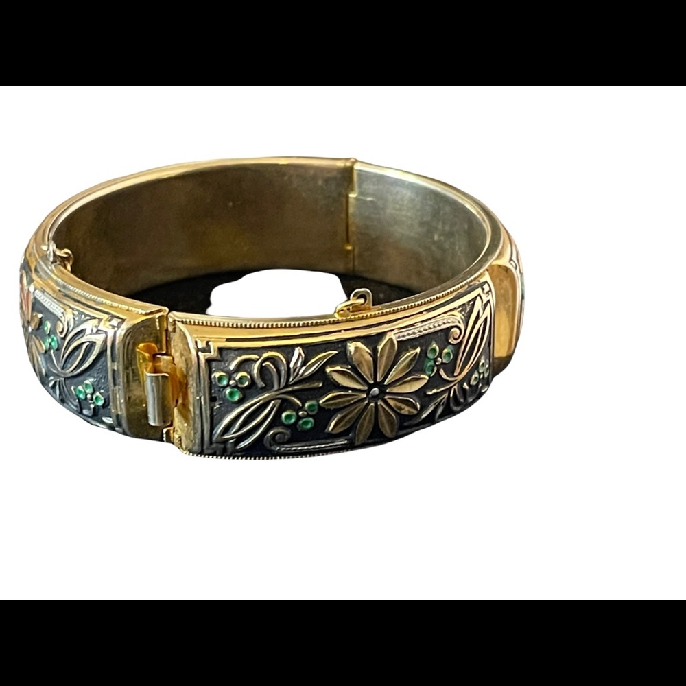 Vintage Damascene large chunky flower gold plated bangle - Picture 8 of 9